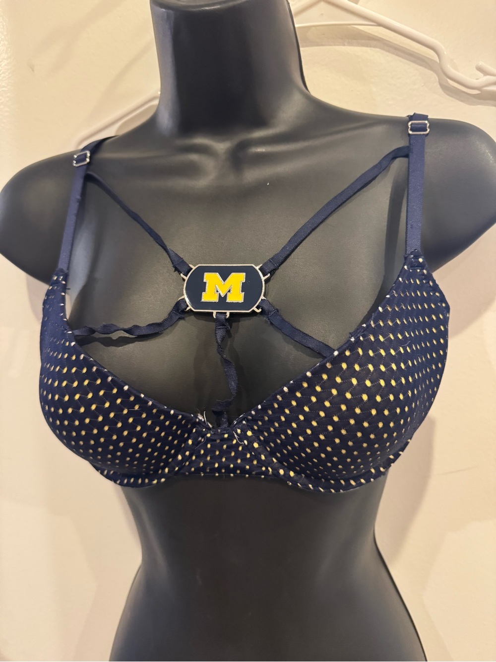 University of Michigan Emblem Navy and Yellow Strappy Bra - Supportive Dot Print